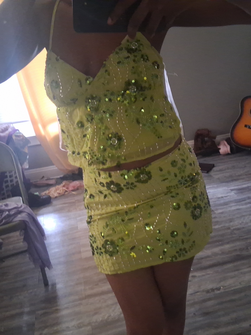Embellished Yellow Top And Skirt Sequin Mini Skirt - Women's